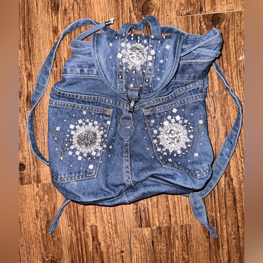 Denim Jean Embellished Backpack with Crystal Accents
